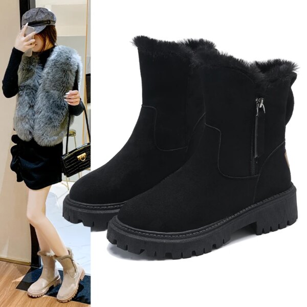 Bottes hiver à plateforme en daim pour femmes, chaussures plates en peluche