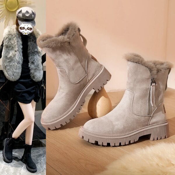 Bottes hiver à plateforme en daim pour femmes, chaussures plates en peluche