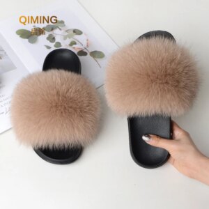 pantoufle femme Plates en Fourrure de Renard group pour Femme, Chaussures d'Été Solides et Moelleuses, pour la Maison