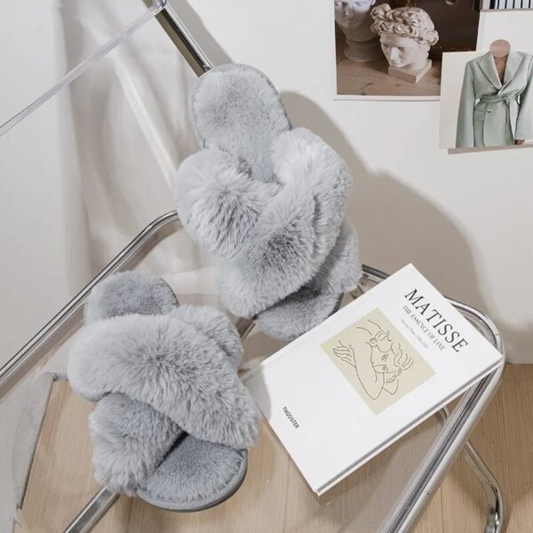 pantoufle femme  pelucheuses pour femmes, bande croisée, peluche douce, chaussures de maison confortables