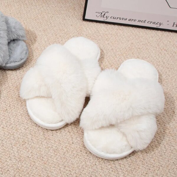 pantoufle femme  pelucheuses pour femmes, bande croisée, peluche douce, chaussures de maison confortables