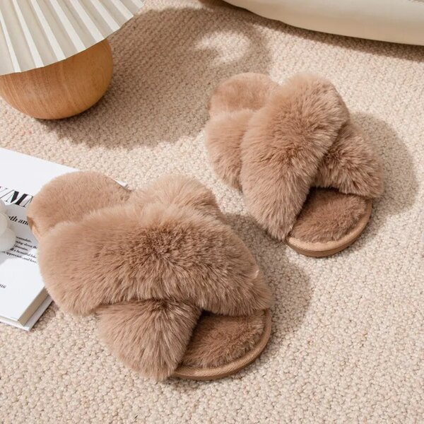 pantoufle femme  pelucheuses pour femmes, bande croisée, peluche douce, chaussures de maison confortables