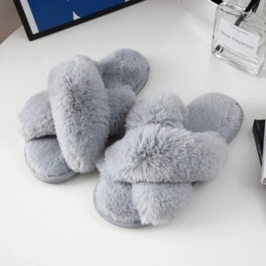 pantoufle femme  pelucheuses pour femmes, bande croisée, peluche douce, chaussures de maison confortables