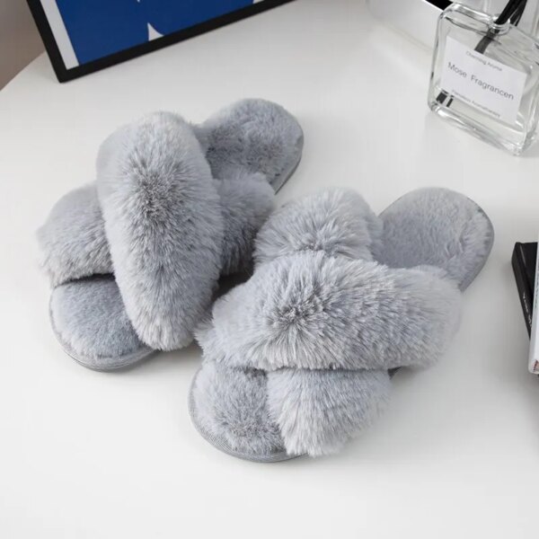 pantoufle femme  pelucheuses pour femmes, bande croisée, peluche douce, chaussures de maison confortables