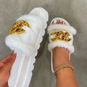 Pantoufles Ouvertes en Peluche pour Femme, Sandales en Métal, Chaussures