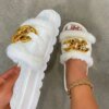 Pantoufles Ouvertes en Peluche pour Femme, Sandales en Métal, Chaussures